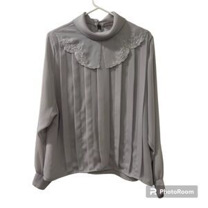 Josephine Womens Gray Chiffon Mock Neck Lace Collar Pleated LS Top Sz 16